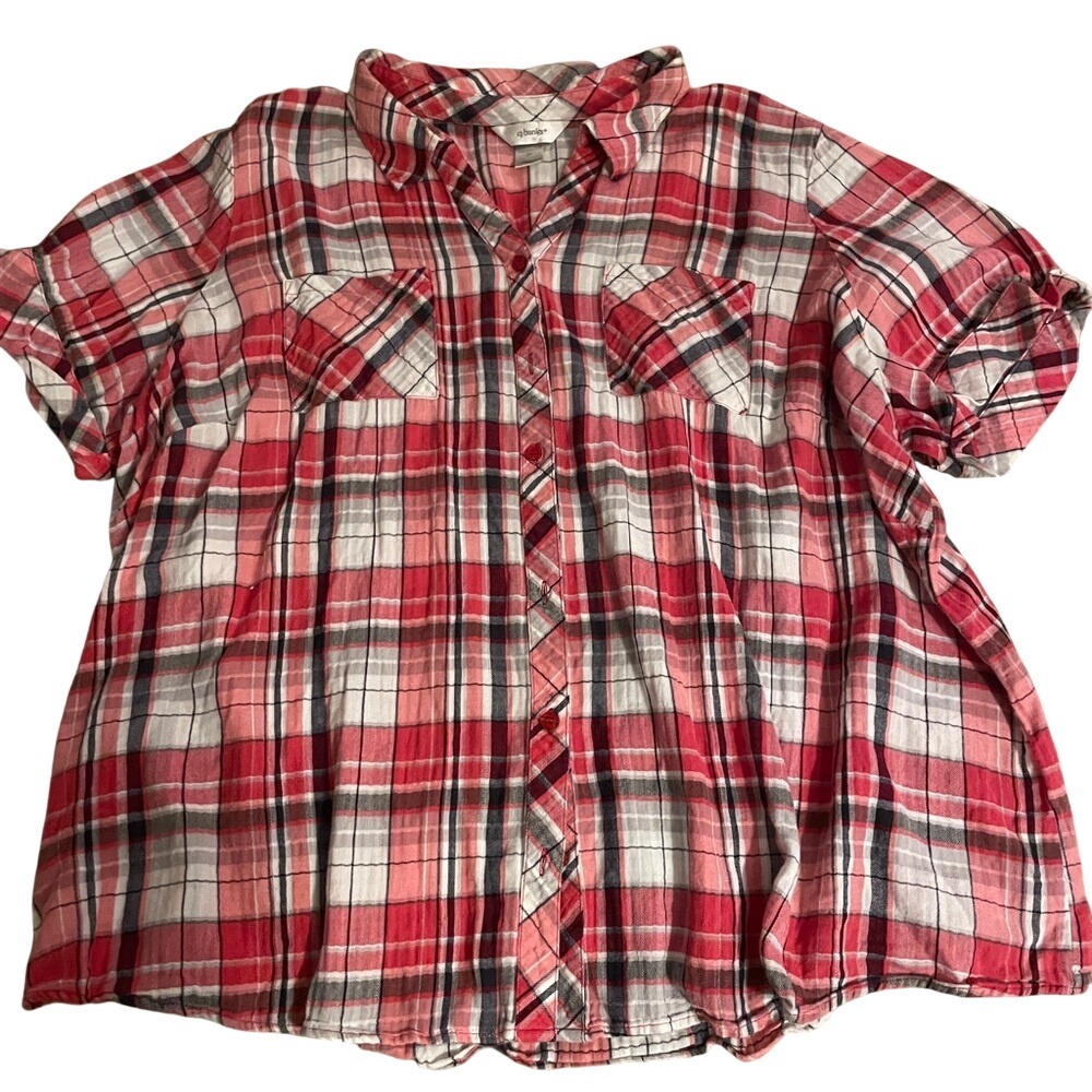 CJ Banks Pink Plaid Short Sleeve Button Down Shirt Plus‎ Size 2X